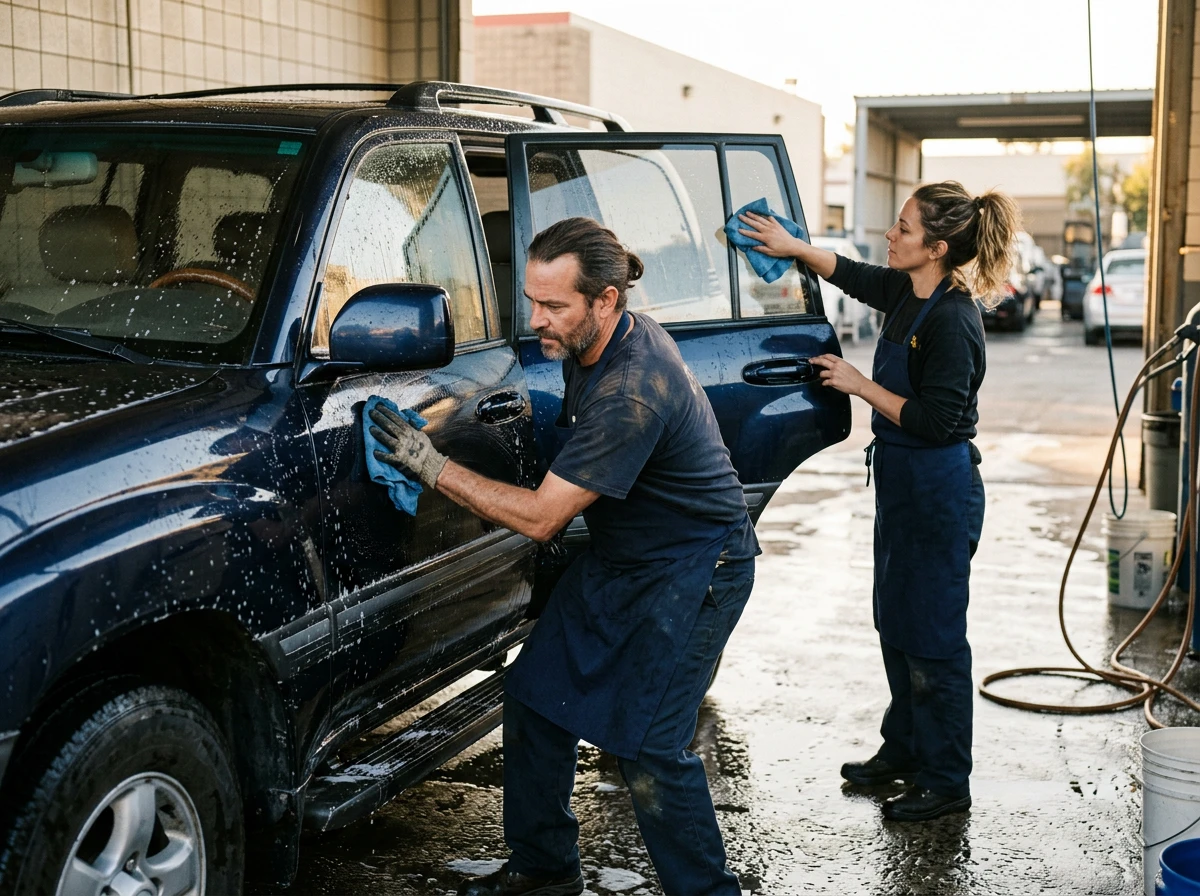 L'équipe Super Lux Hand Car Wash au travail, nettoyant un véhicule à la main