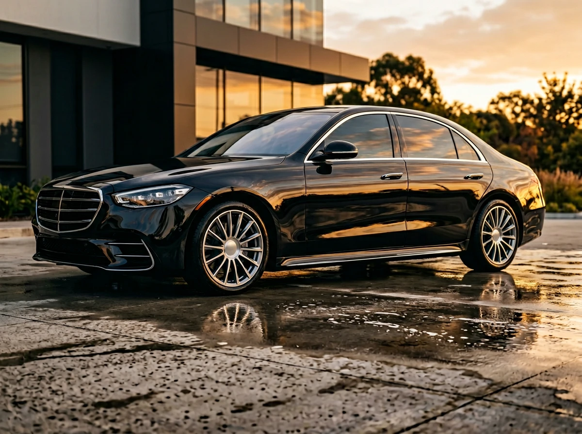 Voiture noire impeccablement propre et brillante après lavage