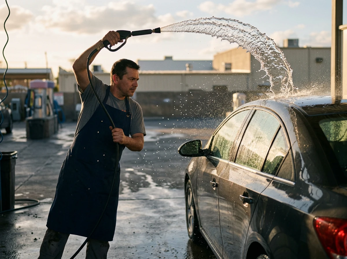 Lavage à la main en action, eau et mousse sur une carrosserie