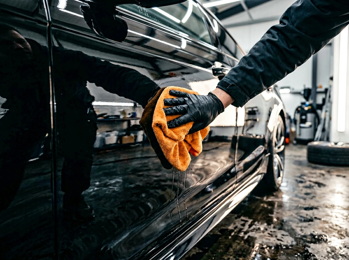 Lavage extérieur à la main d'une carrosserie noire brillante